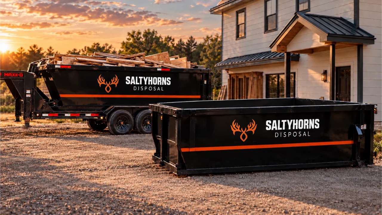A loaded SaltyHorns roll-off dumpster on a trailer beside an empty roll-off delivered to a property